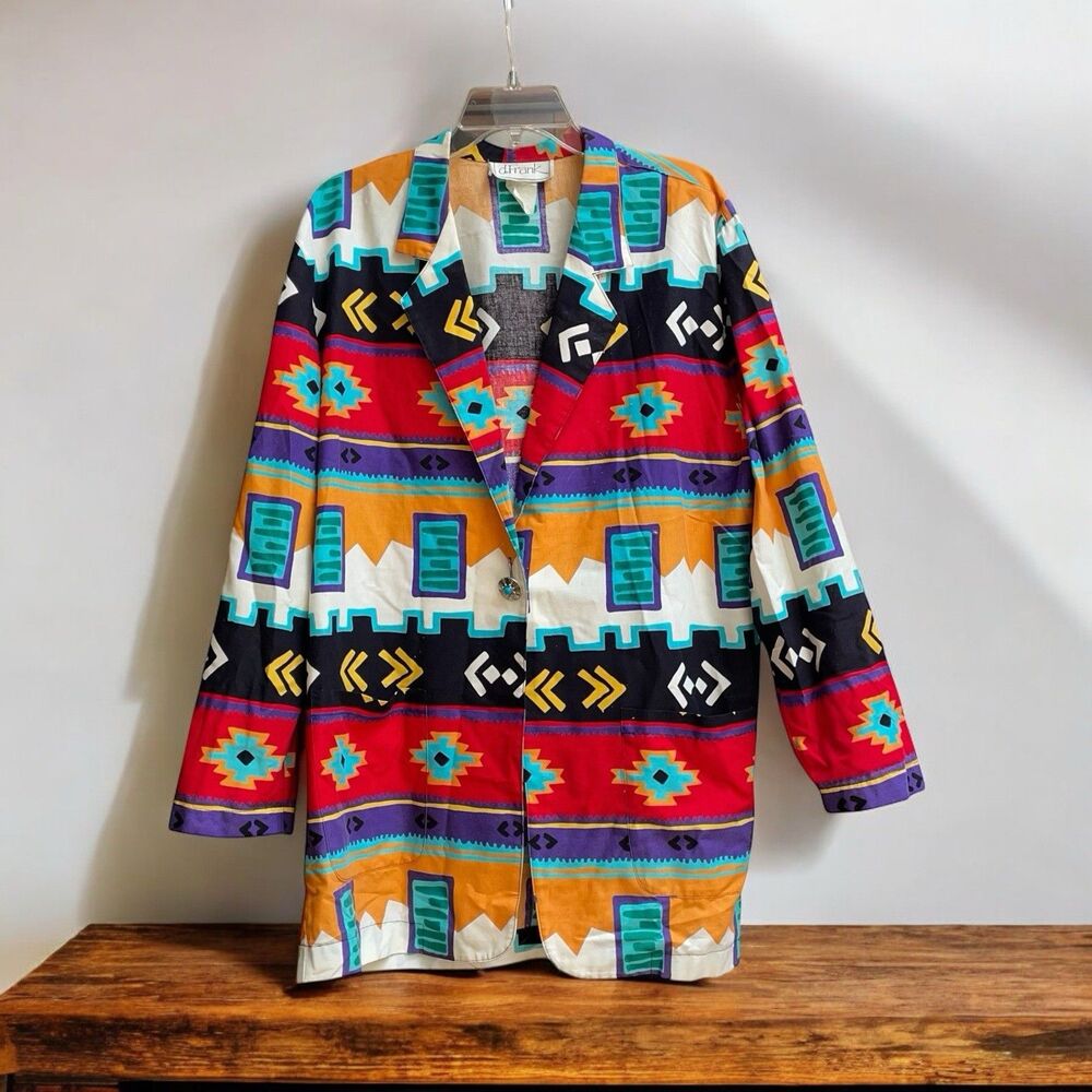 Vtg d.Frank Y2k Southwestern Abstract Oversized Cotton Blazer/Jacket Concho L